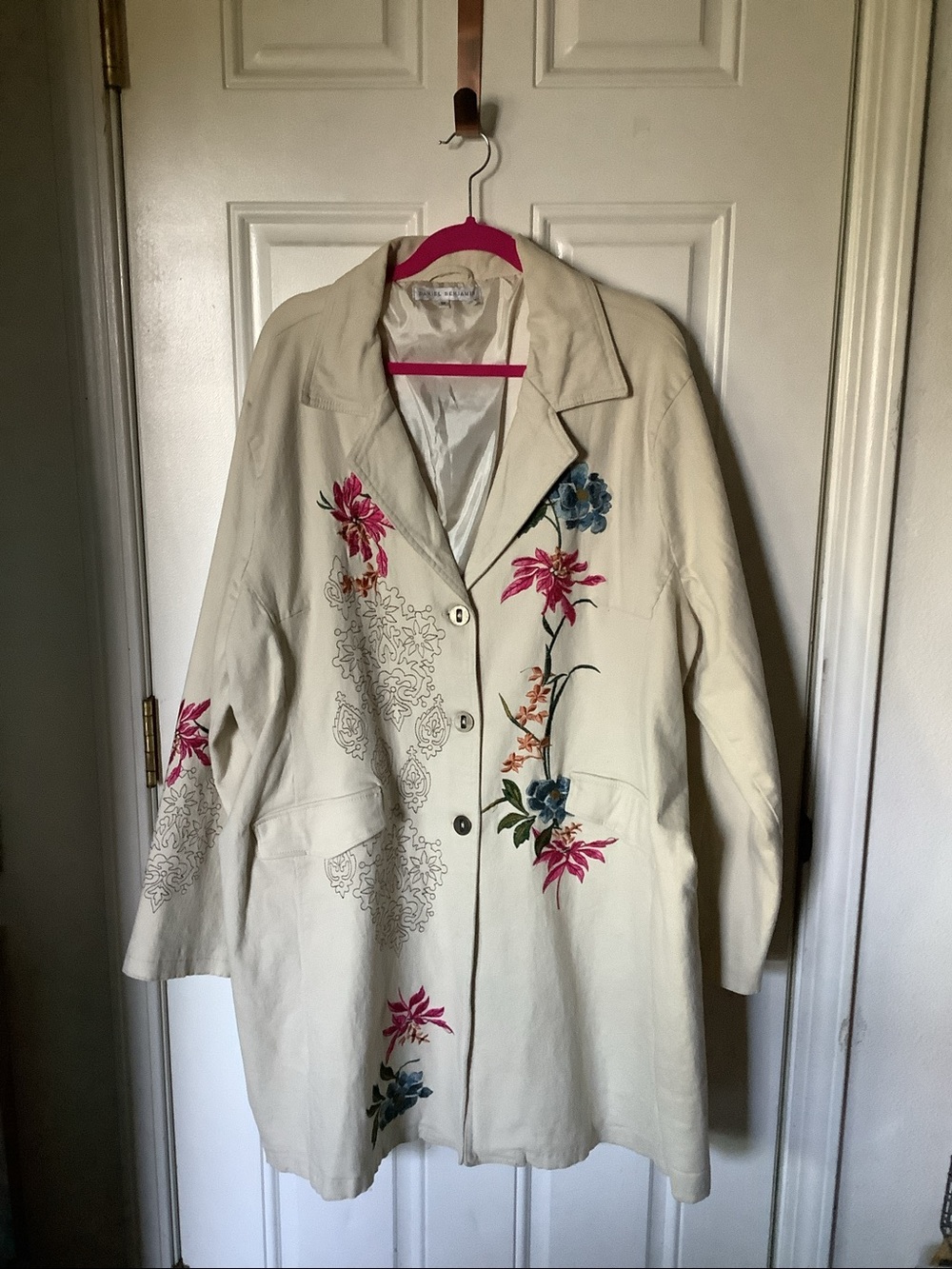 Floral Embroidered Beige Trench Coat